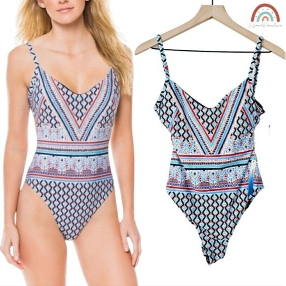 New! Lucky Brand Bohemian Tribal Strappy Open Back High Cut One Piece Swimsuit
